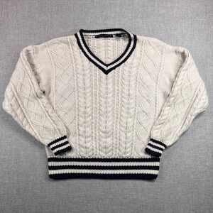 VTG 90s Birch Bros Cable Knit Cricket Sweater Women L White Navy Ivy Tennis Prep